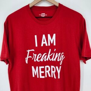 Red‎ White Womens "I AM Freaking Merry" T-Shirt Size L Humor Holiday Christmas